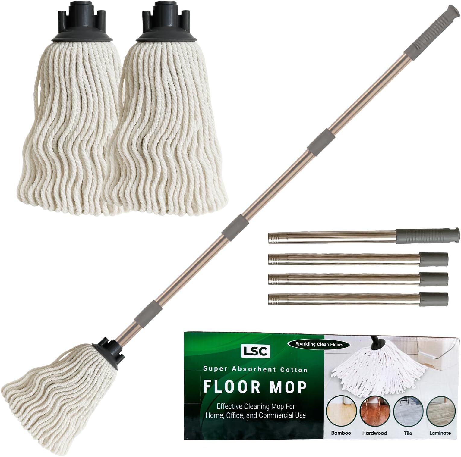 – LSC Cotton Floor Mops Looped String Mop with 120cm Long Stainless Steel Handle Extra Replacement Mop Head Scratch-Free Absorbent Classic for Tile Wood Floor Kitchen Bathroom