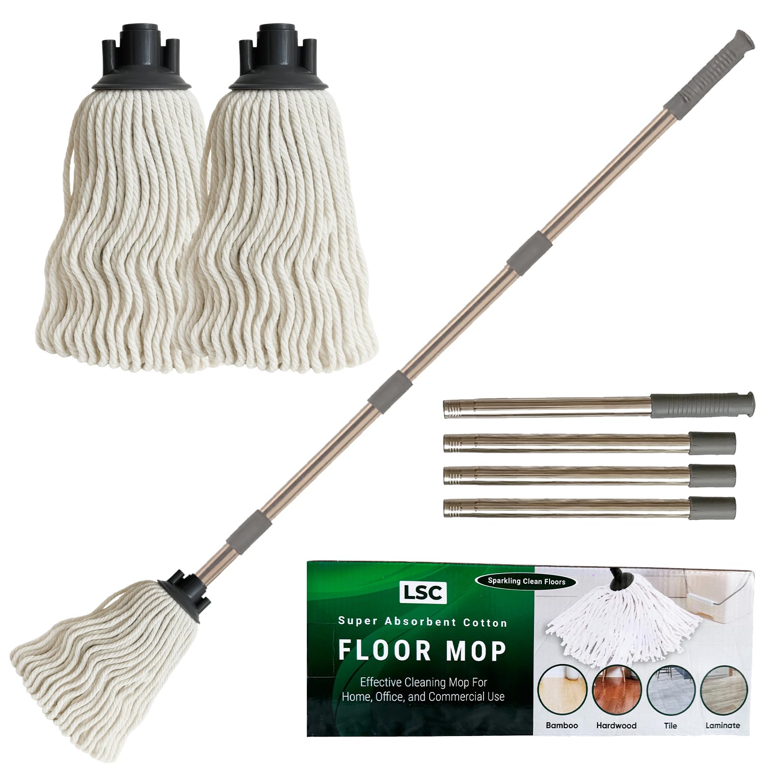 LSC Cotton Floor Mops Looped String Mop with 120cm Long Stainless Steel Handle Extra Replacement Mop Head Scratch-Free Absorbent Classic for Tile Wood Floor Kitchen Bathroom