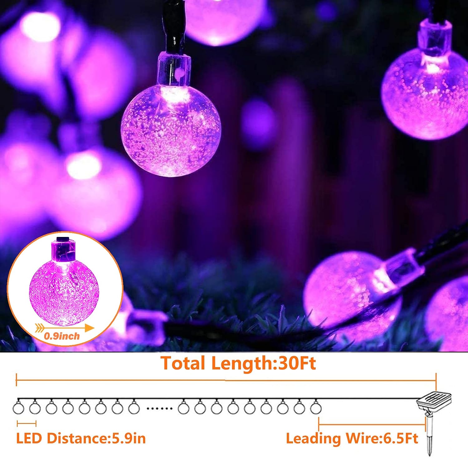 EXF 2-Pack Total 100 Crystal Globe Solar Christmas Lights Outdoor Durable & Bright Solar Powered Patio Lights Waterproof 8 Modes Solar LED String Lights for Garden Gazebo Tree (Purple)