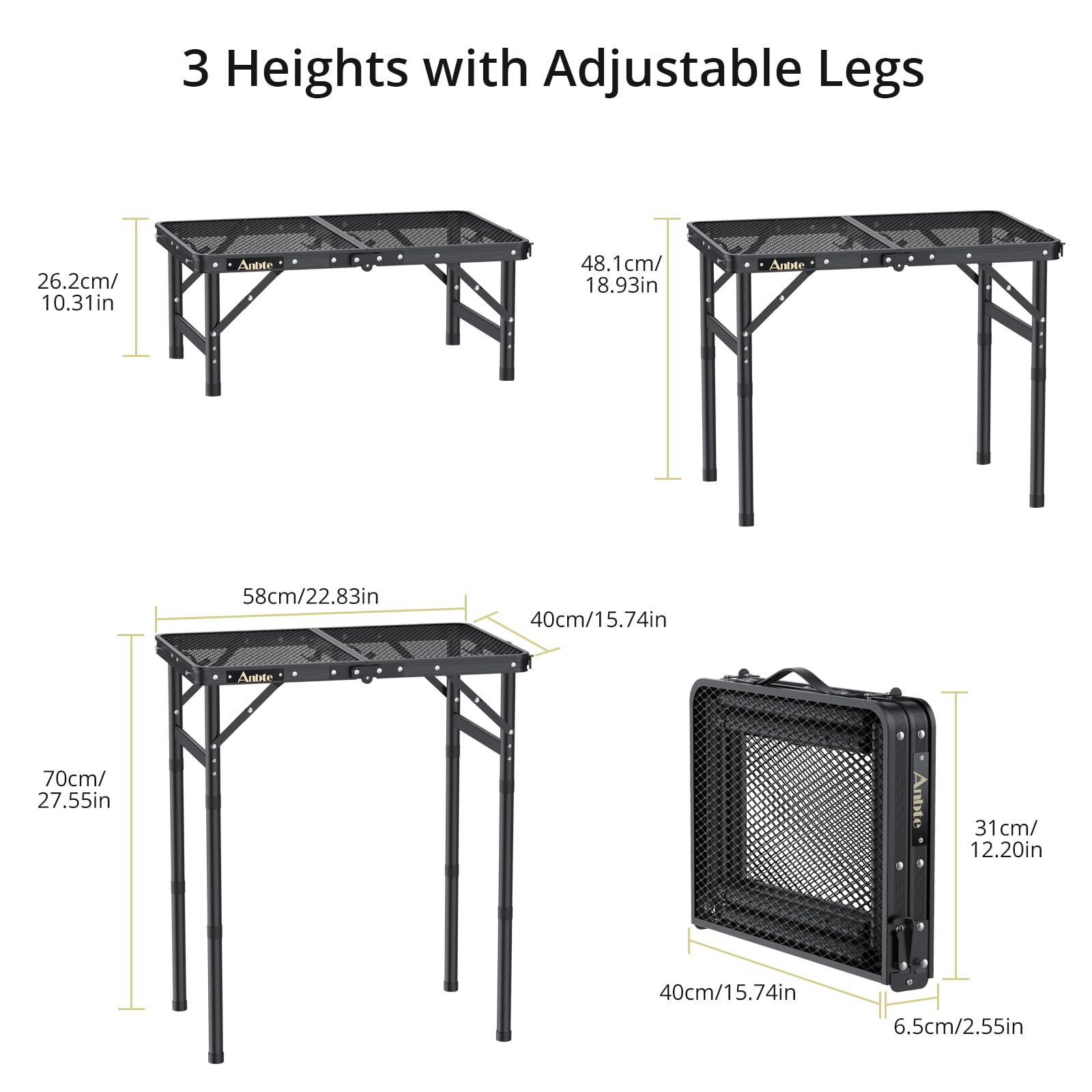 Mesa plegable para parrilla, mesa de campamento de aluminio con altura máxima de 27.5 pulgadas, mesa de picnic al aire libre, ligera, asa portátil para viajes, cocina, barbacoa, picnic, 22.8 x 2