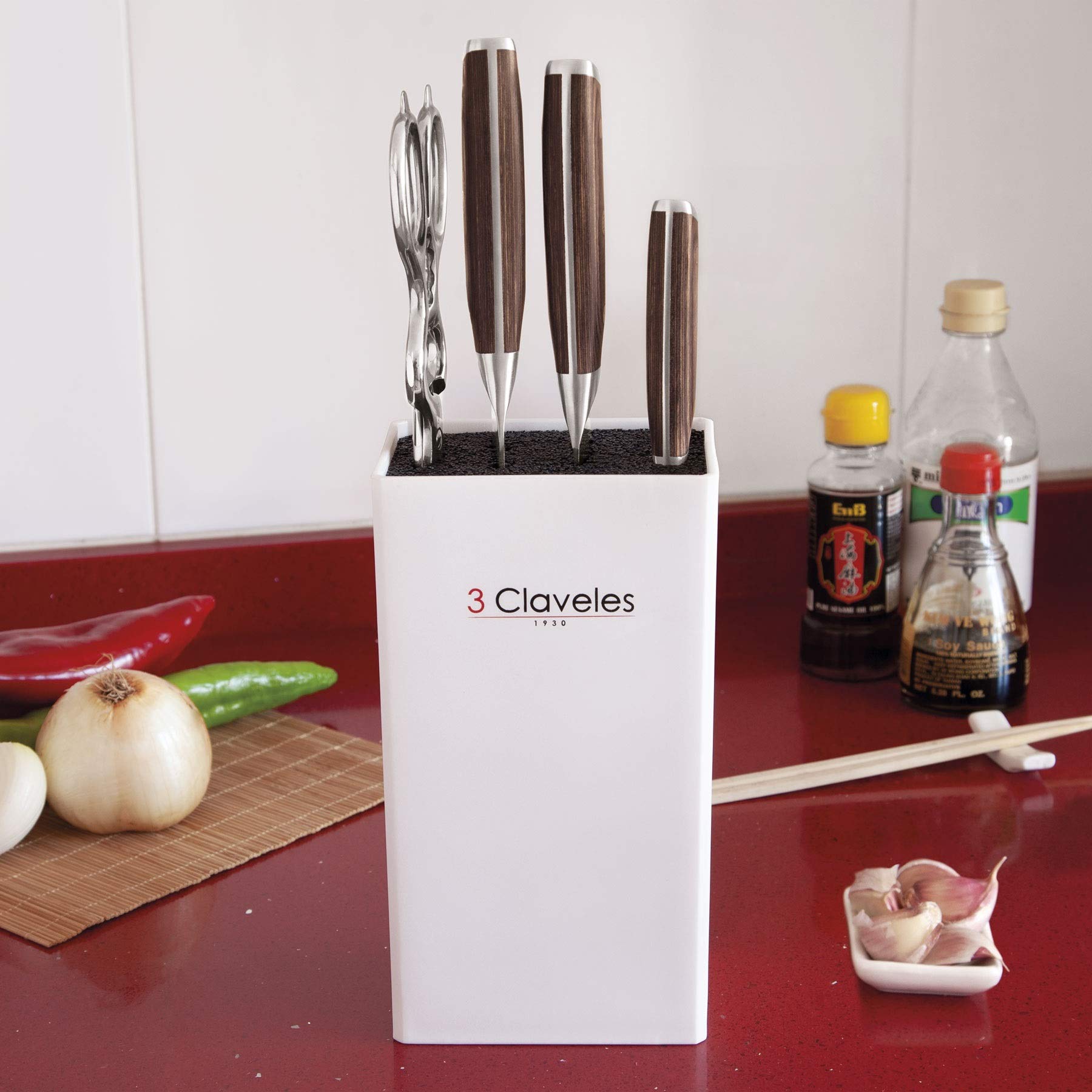 3 Claveles Juego de cuchillos de cocina profesionales de cocina de acero inoxidable + tijera de cocina con + taco de fibras, Juego 3 Cuchillos + Tijera + Taco KIMURA