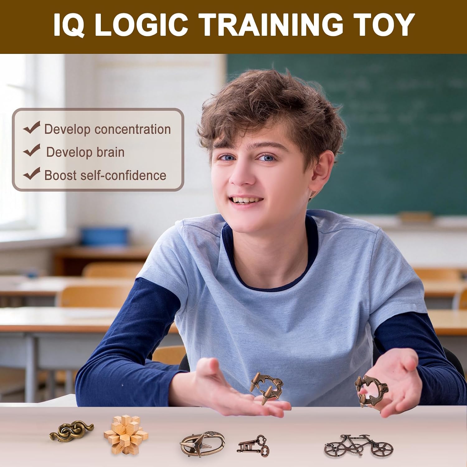 32 Pcs Brain Teaser Puzzles Set for Adults Kids – Vintage Wooden & Metal 3D IQ Game, Challenging Disentanglement Logic Puzzles, Family Party Favor Portable Travel Pouch Set