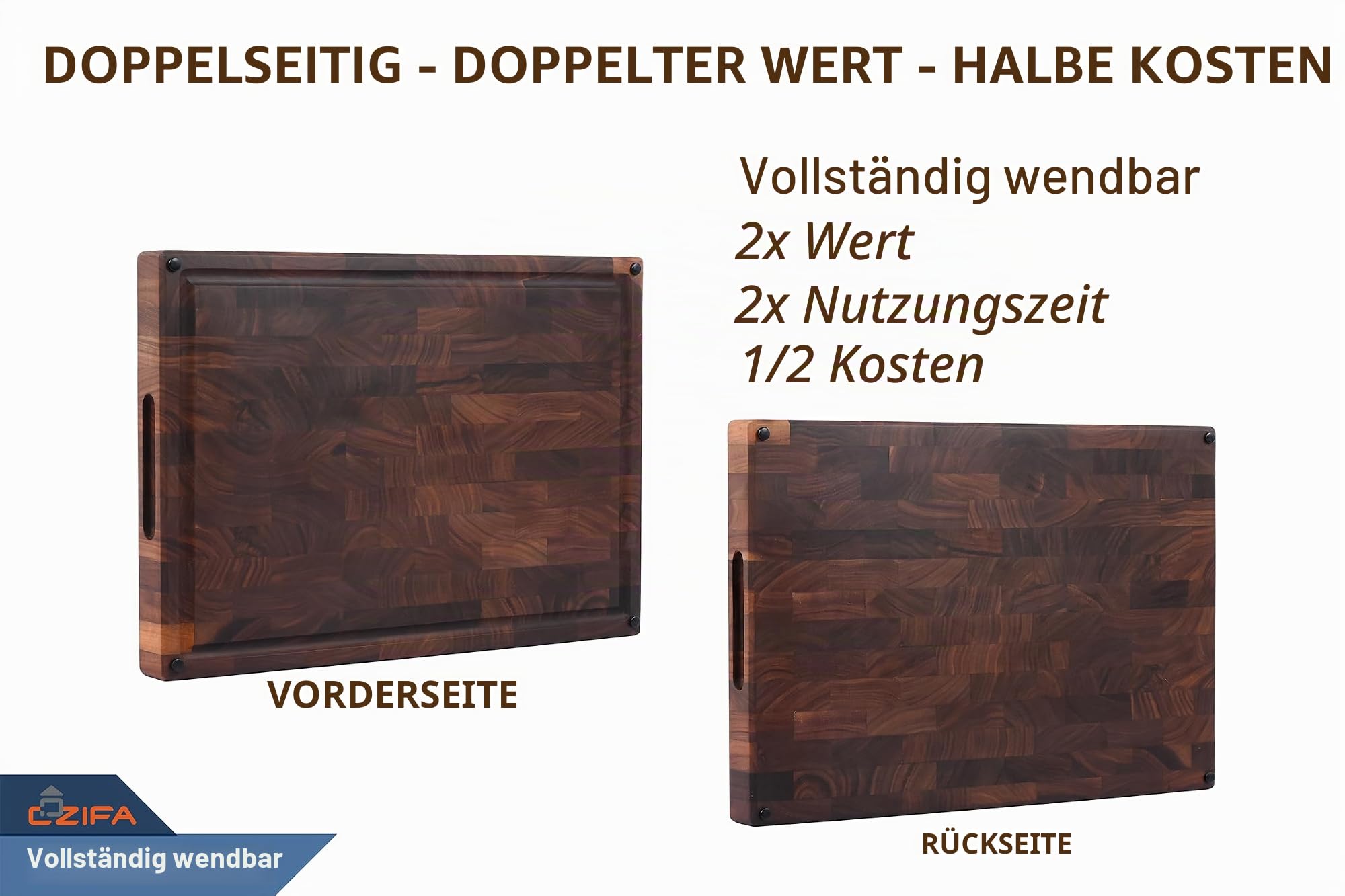 Cozifa Amerikanisches Schneidebrett aus dunklem Walnussholz, 43,2 x 30,5 x 4,1 cm, für Küche mit Saftrille, Innengriffen, Geschenk-Box-Verpackung und Hirnholz-Block mit Leinöl, Bienenwachs und