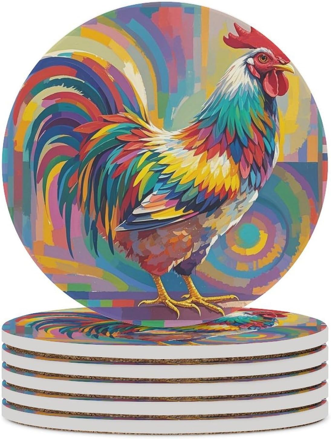 Art Chicken Coaster with Cork Base Drink Coasters for Coffee Table Decor Modern Cup Coasters with Non-Slip & Heat-Resistant Cute Ceramic Table Coaster for Home Dining