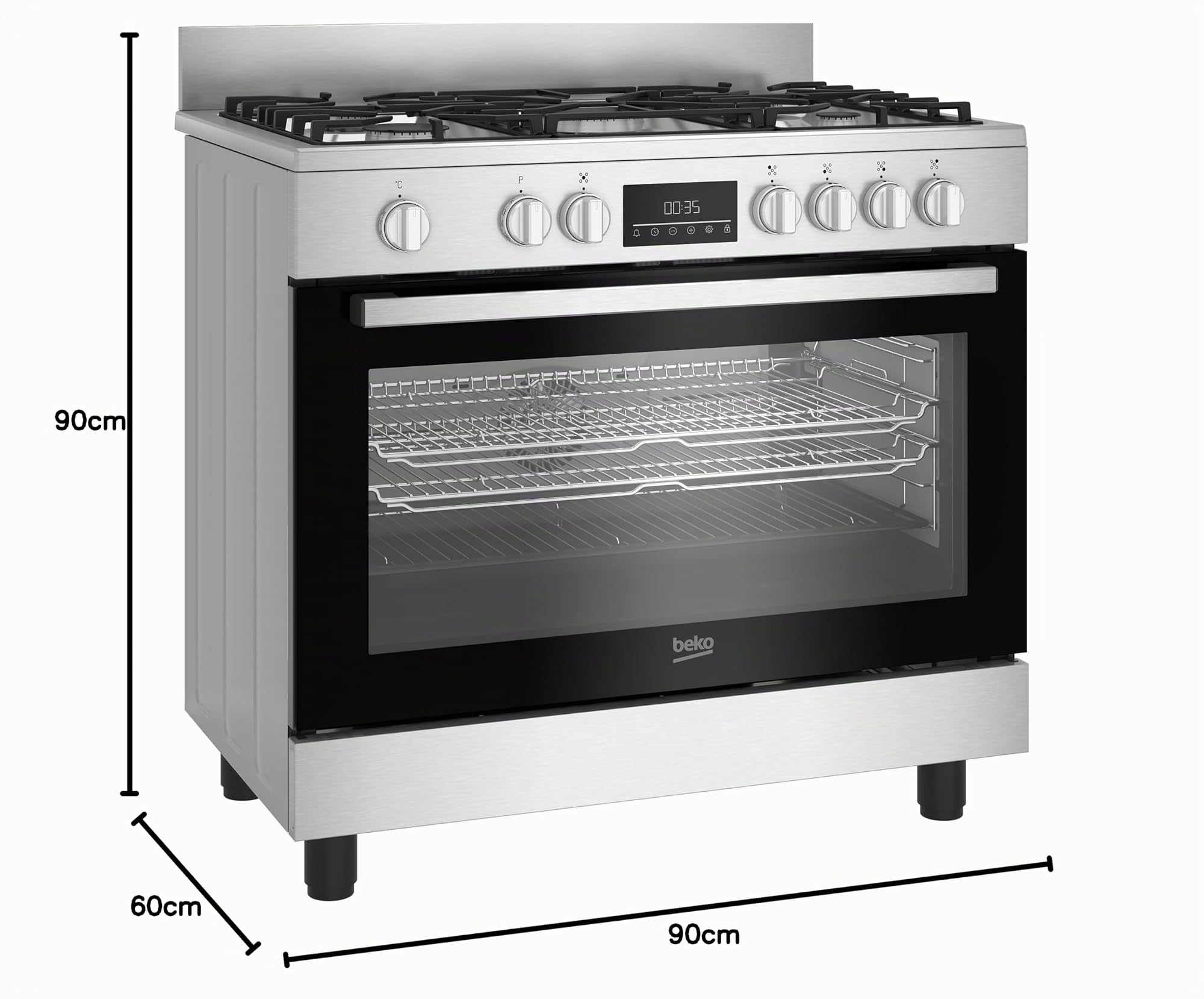 Beko Cuisine à gaz 90 x 60 cm, BGM11226EX, série bPRO 500 four multifonction 111L, cuisinière 5 feux avec triple couronne, grilles en fonte, contrôle tactile, inox/noir, classe A+