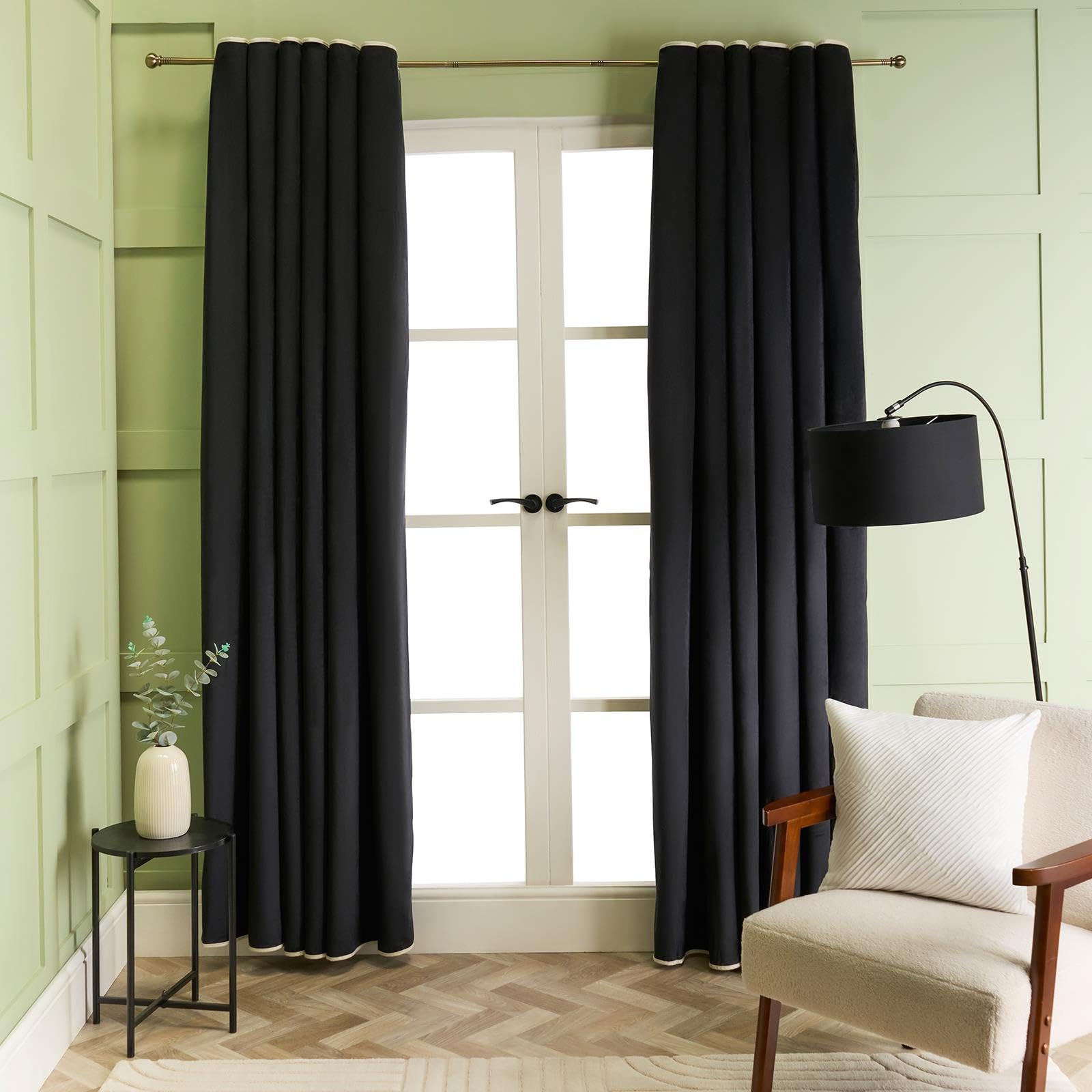OHS Blackout Velvet Curtains for Bedroom, Thermal Insulated Curtains Piped Edge Eyelet Blackout Curtain for Living Room Window Treatment 2 Panels 90" x 90", Black/White