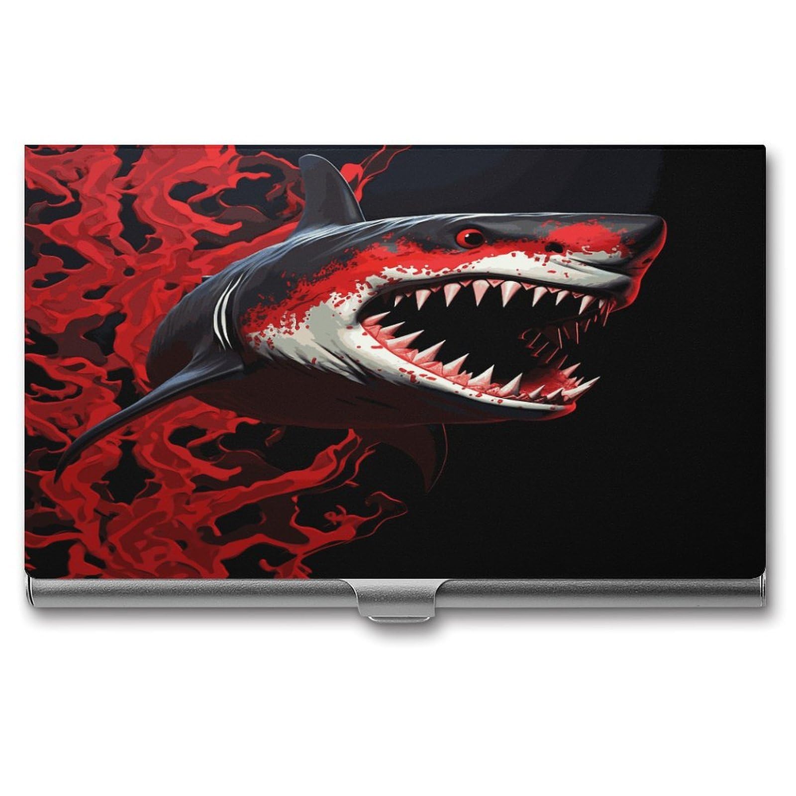 LDGSUPH Red-black Shark Business Card Holder Fashion Slim Name Card Holder Minimalist Design Case Metal Card Carrier Personalized Business Card Case with Flip for Men Women