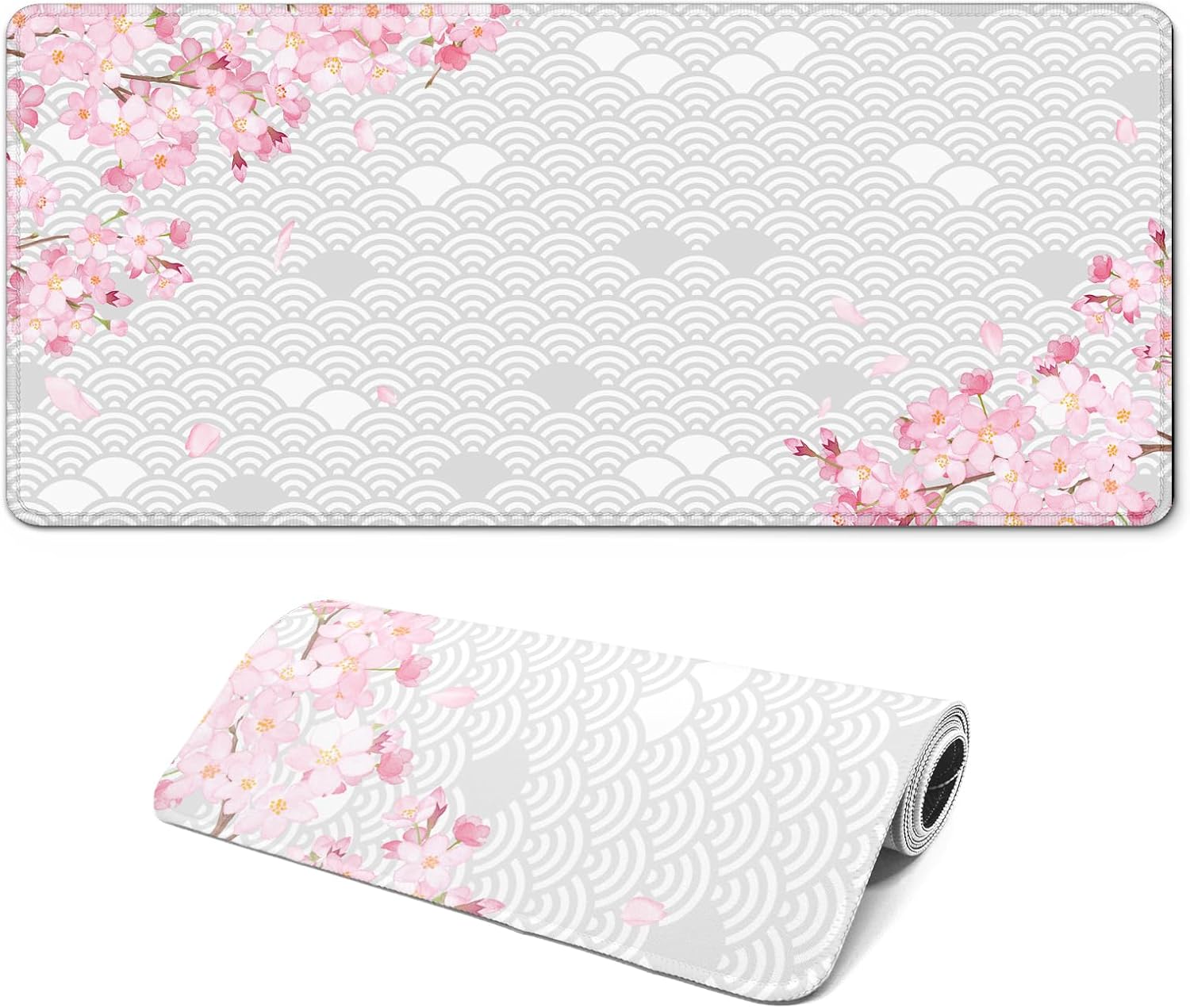 Gaming Mouse Pad with Anti-Slip Rubber Base, Extended Large Computer Mouse Mat with Stitched Edges, Long XL Anime Mousepad for Laptop and Keyboard, 31.5 x 11.8 inch (Grey Cherry Blossom)