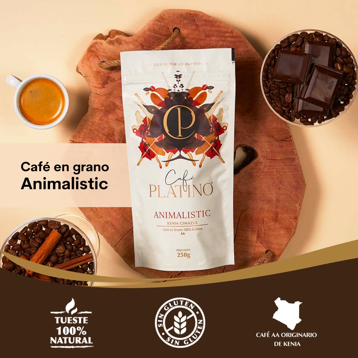 Café Platino Animalistic - Café en Grano Natural de Kenia Cimazul Tostado 250g - 100% Arábica - Categoría AA