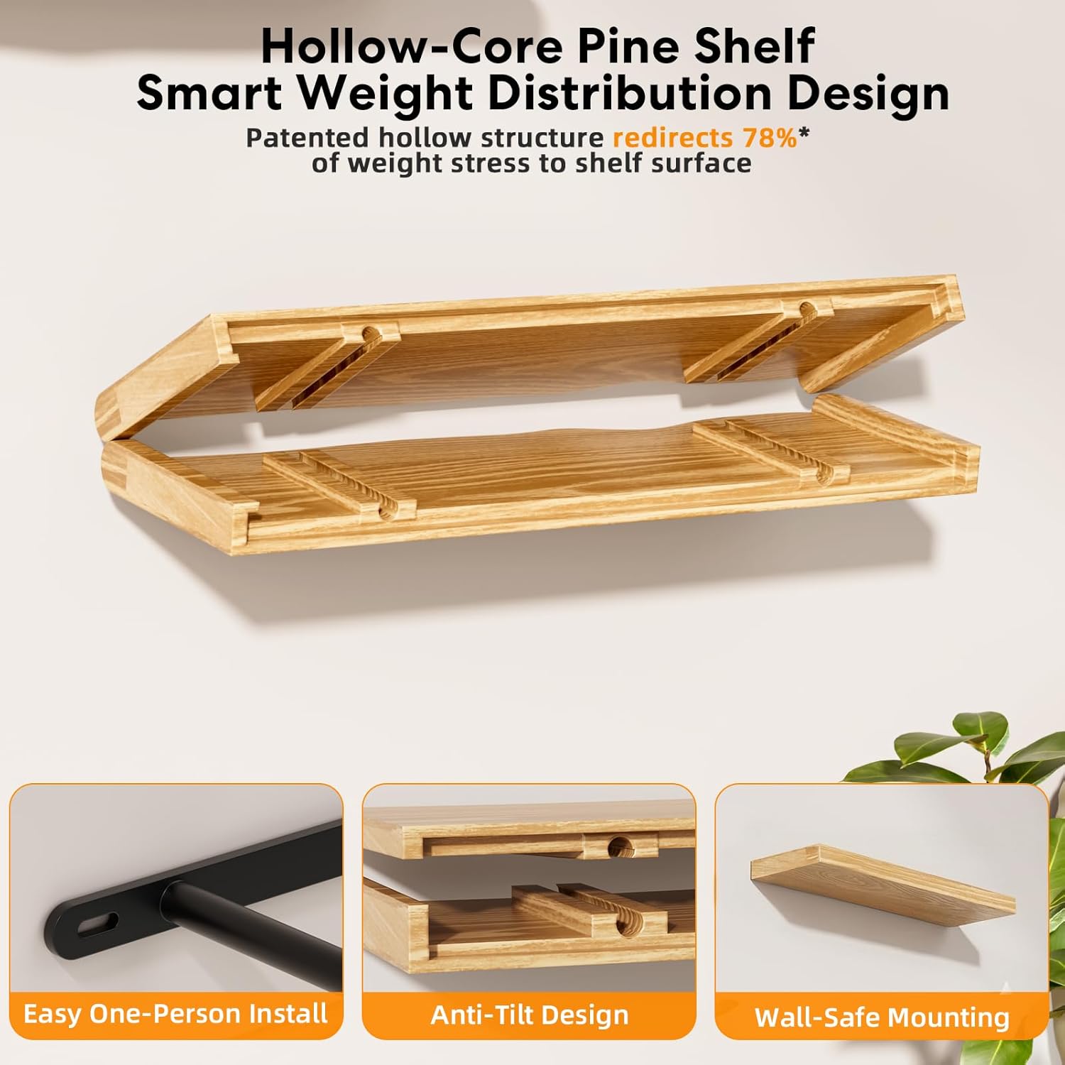 Floating Shelves for Wall Rustic Farmhouse 24 Inch Floating Shelf Wooden Shelves for Wall Pine Wood Shelf with Unique Natural Grain for Living Room Bedroom Kitchen (Raw Wood)