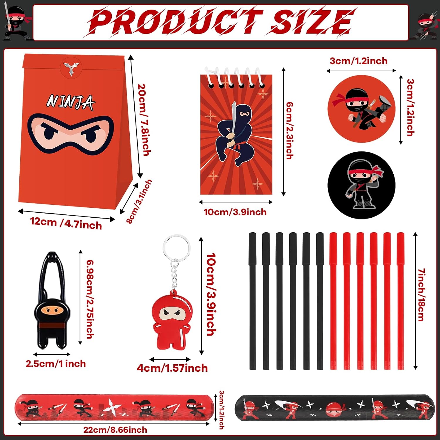 84pcs Karate Party Favor Set Red Black Karate Paper Bag Notepad Pen Slap Bracelets Key Chain TPR Stretchy Flying Toys Stickers Party Supplies for Boys Girls Birthday Classroom Activities Decorations
