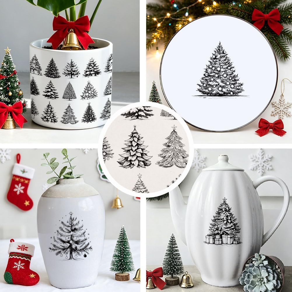 SUPERDANT 4Pcs Christmas Trees Underglaze Transfer Paper for Pottery Large Ceramic Decal Sheets Trimmable Pottery Transfers Waterslide Decal Paper for Decorating Mugs Vases and Plates Black