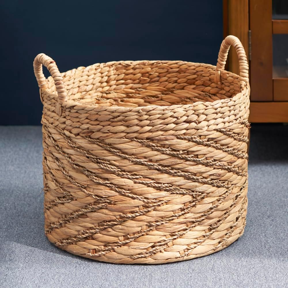 Round Water Hyacinth Seagrass Woven Basket with Handles - 15" x 15" x 11.8" Natural Brown Storage for Clothes, Towels, Toys, Magazines - Farmhouse Home Decoration