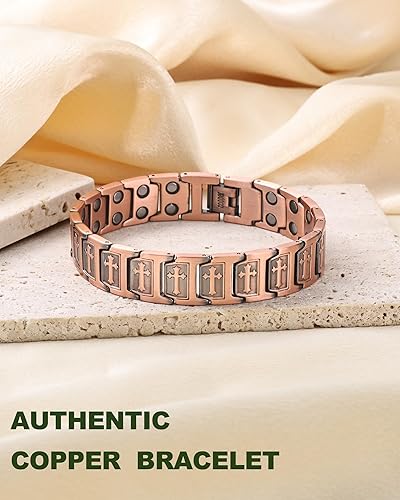 Miniatura 35 de MagEnergy Pulsera de cruz de cobre para hombre, pulsera magnética de cobre ultra fuerte para hombre, pulsera de cobre ajustable con caja de joyería