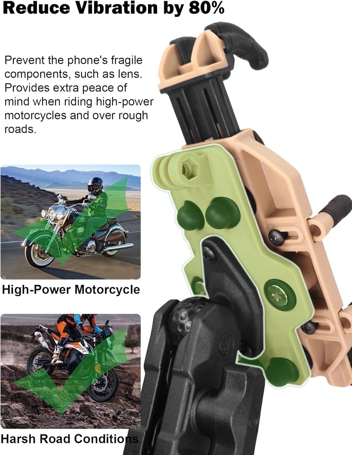 Motorcycle Phone Mount Holder with Vibration Dampener, Strong Clamp for iPhone 15 Pro Max/14/13, Galaxy S23+/23 and More, Aluminum Arm and Base, Suitable for Bike/ATV Handlebar
