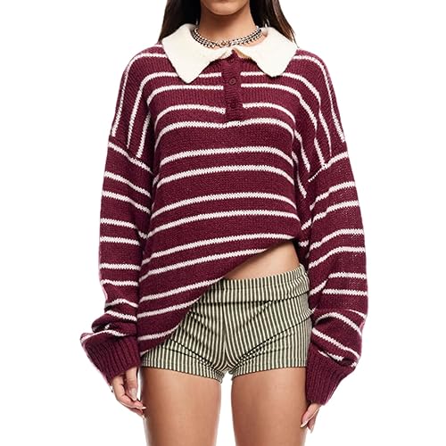 Women Y2K Oversized Striped Polo Sweater Vintage Aesthetic Preppy Knit