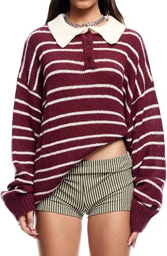 Women Y2K Oversized Striped Polo Sweater Vintage Aesthetic Preppy Knit