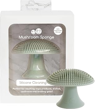 ezpz Mushroom Sponge Sage - Odor-Resistant Kitchen Sponge with Soft Bristles, Non-Slip Handle, Suction Base - Gently Cleans Pans, Dishes and Feeding Gear