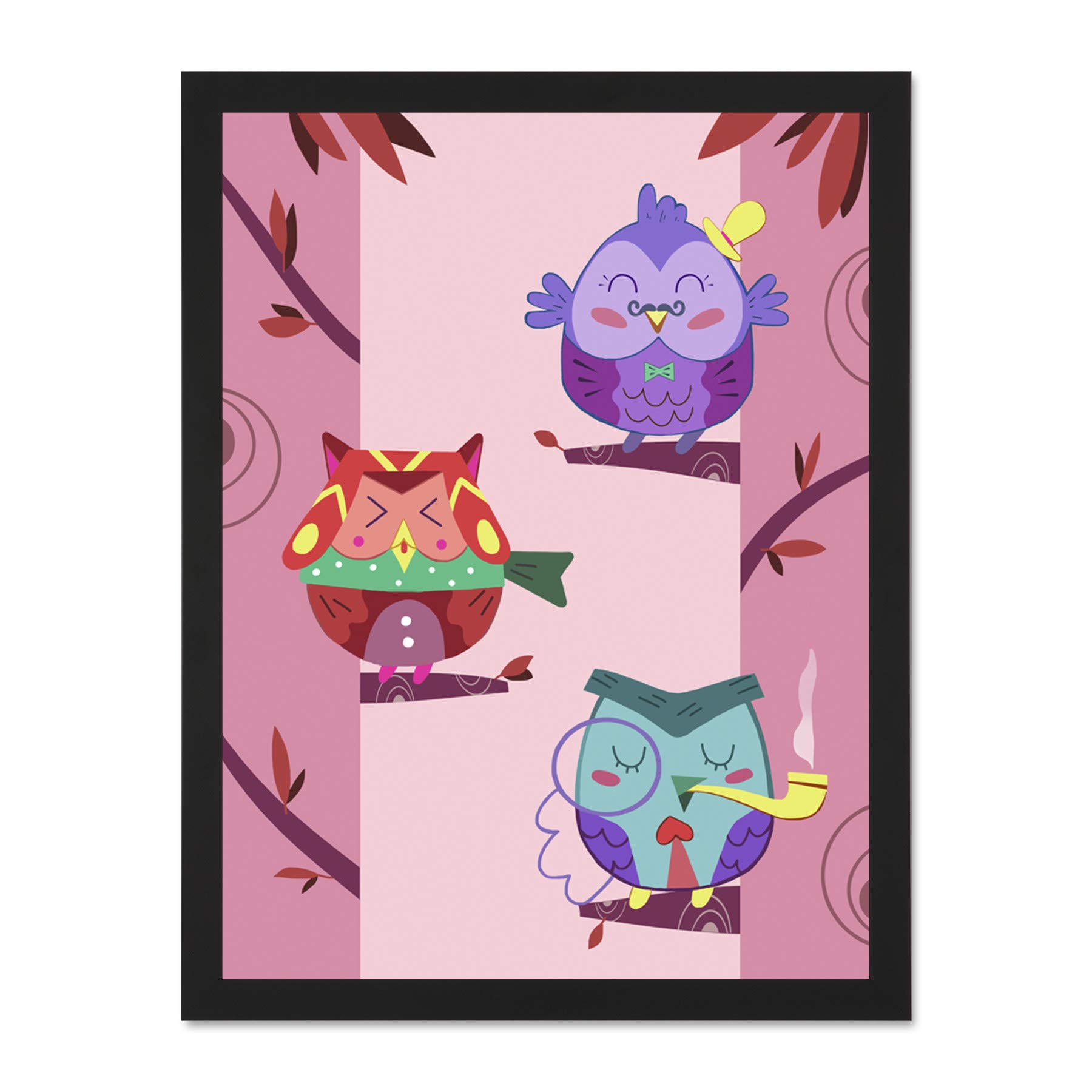 Wee Blue Coo Kawaii Owls Tree Large Framed Art Print Wall Poster 18x24 inch