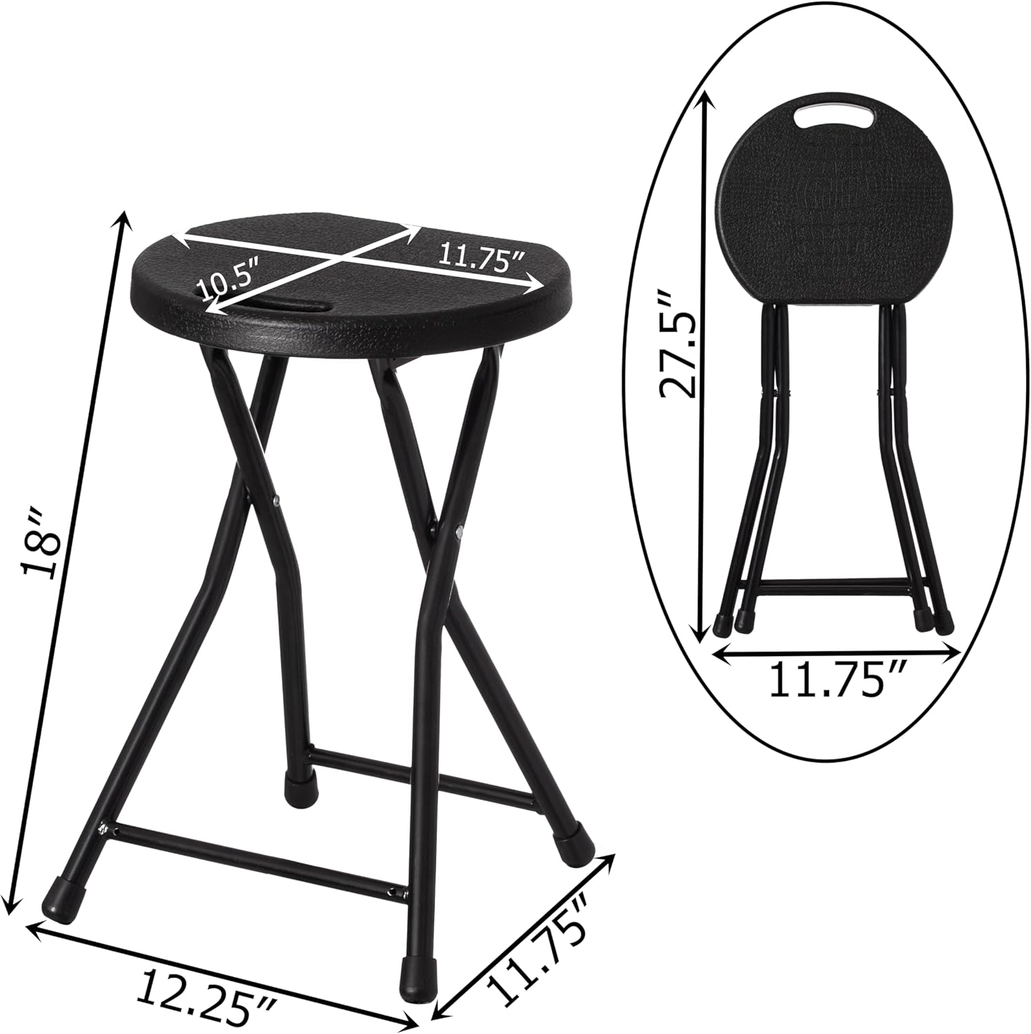 Basicwise Portable Folding Stool with Handle Compact Chair with Non-Slip Feet and Metal Frame Legs for Indoor & Outdoor Use Ideal for Dorm Kitchen Vanity Game Room Garden Porch & Home Bar, Black