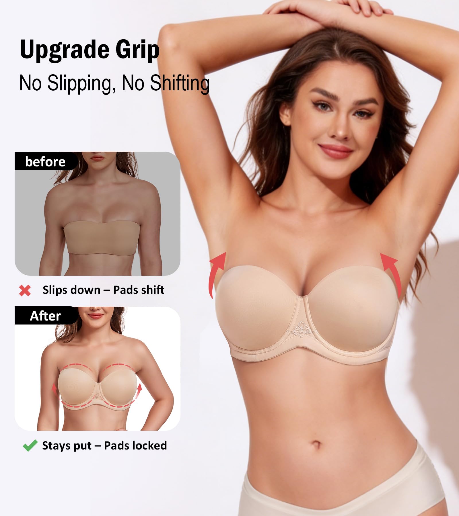 Lemorosy - Sujetador sin Tirantes Push up con Aros Tallas Grandes Básico Copa Completa