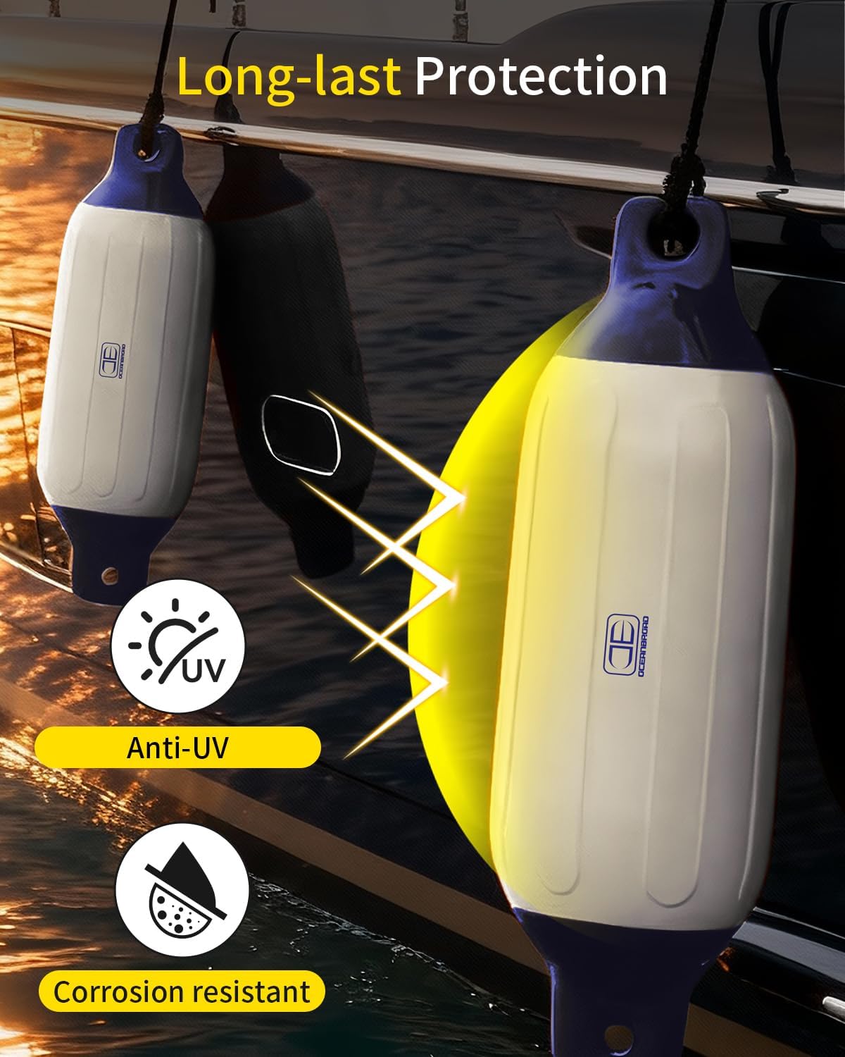 OCEANBROAD Boat Fenders 4 Pack, Inflatable Ribbed Boat Bumpers for Docking with 4 Ropes, Pump & Needles, PVC Fenders, Reinforced Dual Eyelets for Vertical/Horizontal Hanging, UV Resistant