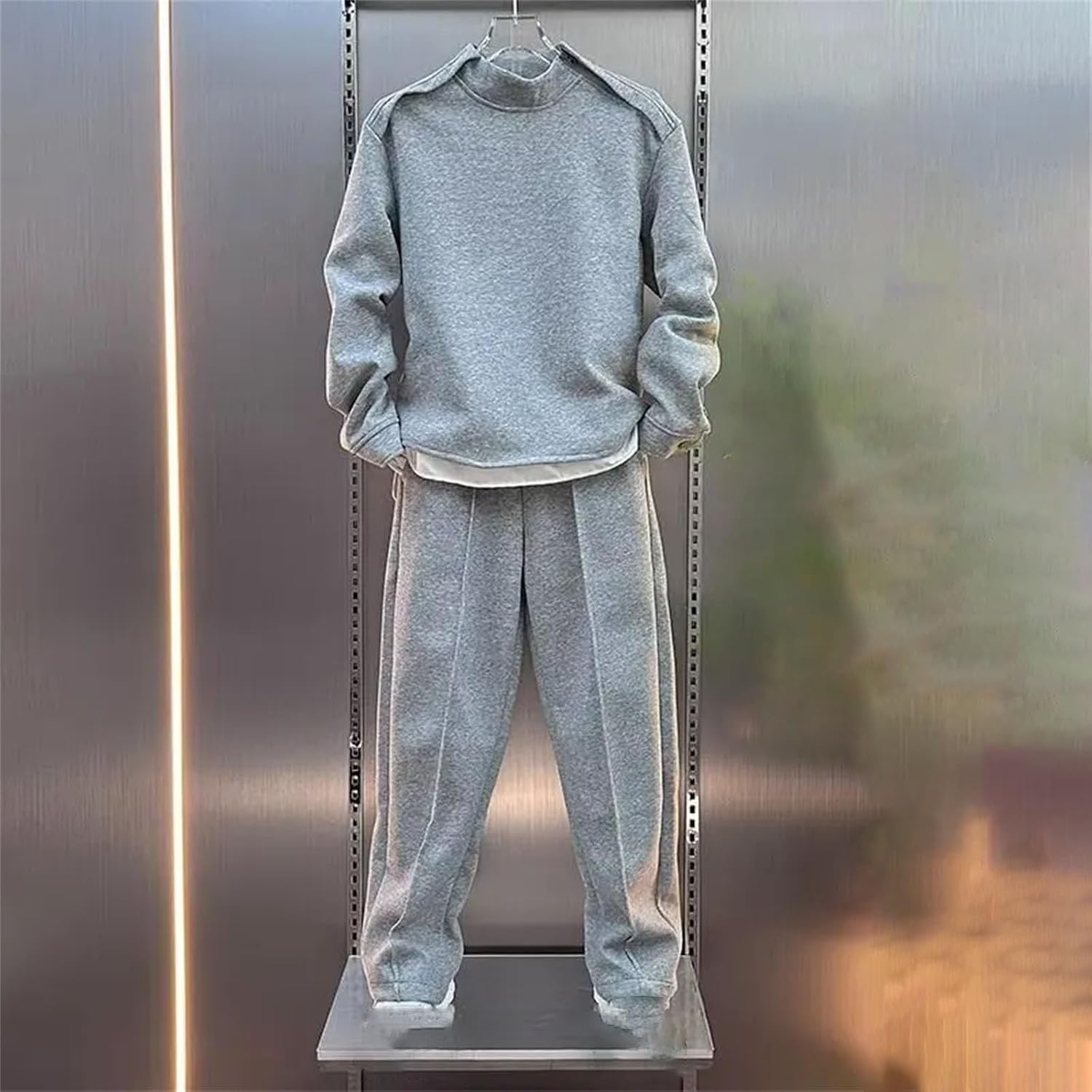 Mens Two Piece Casual Set Pullover Sweatshirt and Pant Solid Color Durable Daily Sport Lounge Outdoor Outfit