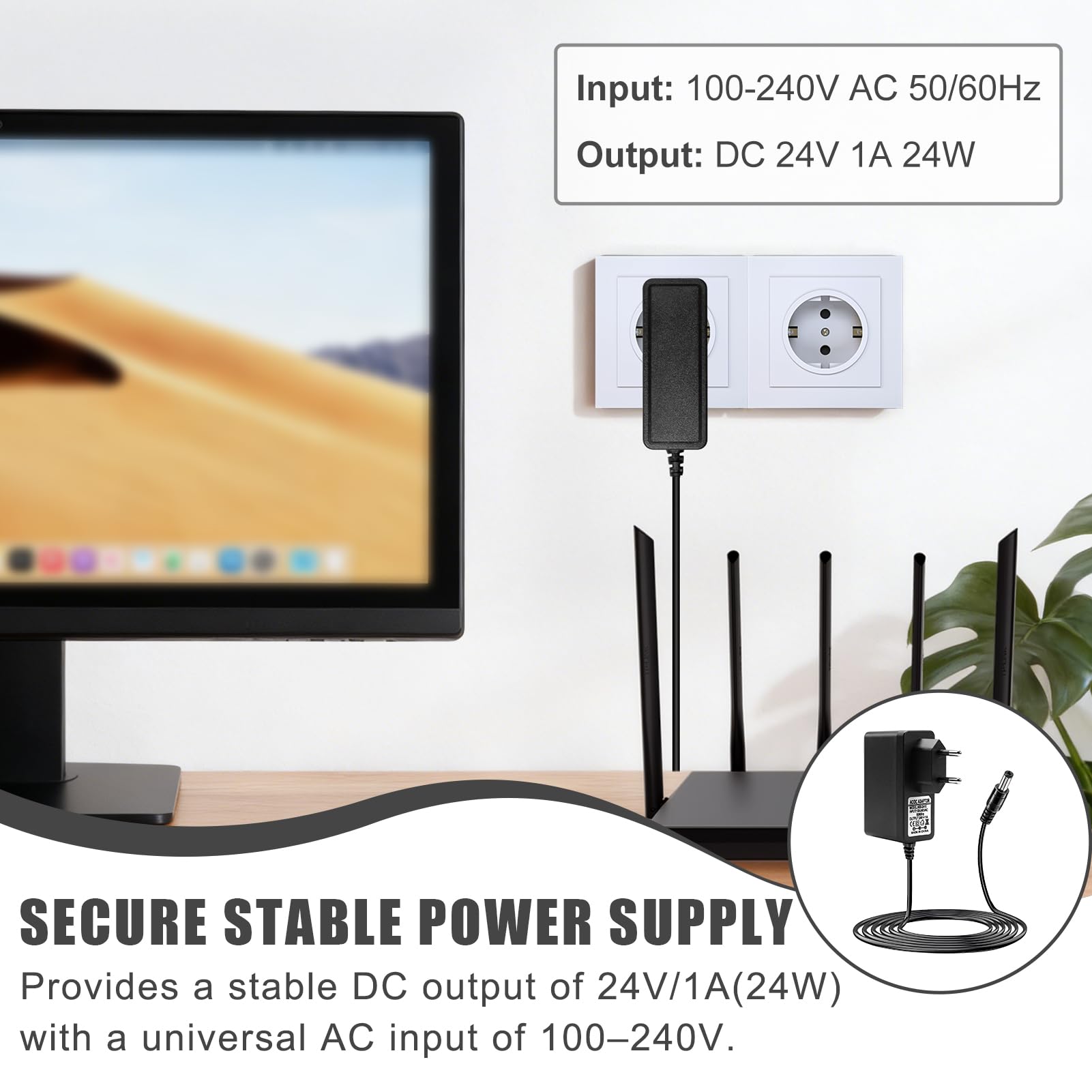 Alimentador 24V 1A 24W AC/DC, Adaptador de Corriente 100-240V con Conector 5.5×2.1 mm, Fuente de Alimentación Estable para Tiras LED, Cámaras CCTV, Routers, Lámparas y Dispositivos Electrónicos — view 4