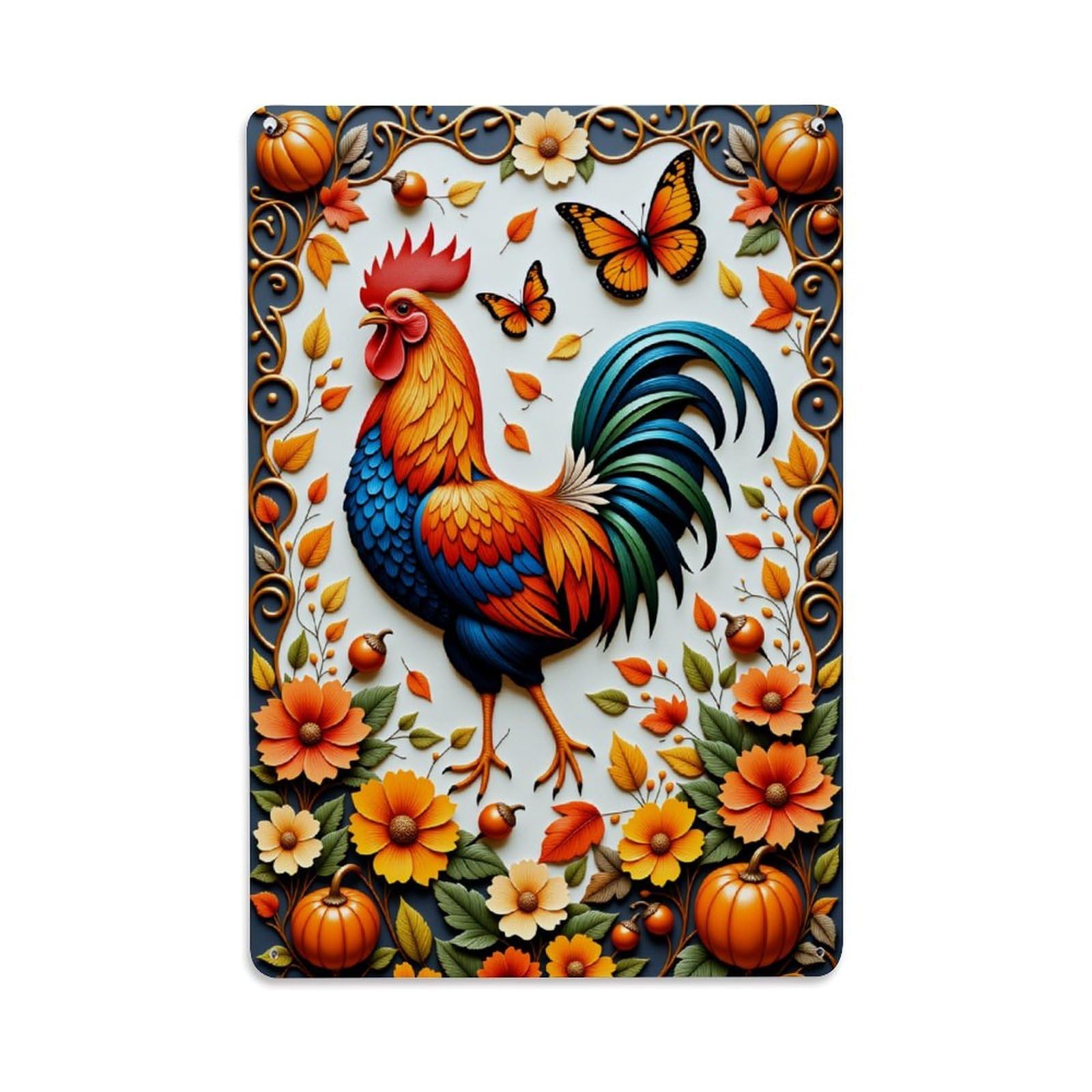Lzwbntey Vintage Rooster Autumn Flowers Pumpkins Butterflies Metal Tin Sign Retro Wall Decor For Home Bar Garage Cafe, Indoor & Outdoor Decorative Metal Poster, 8X12 Inch