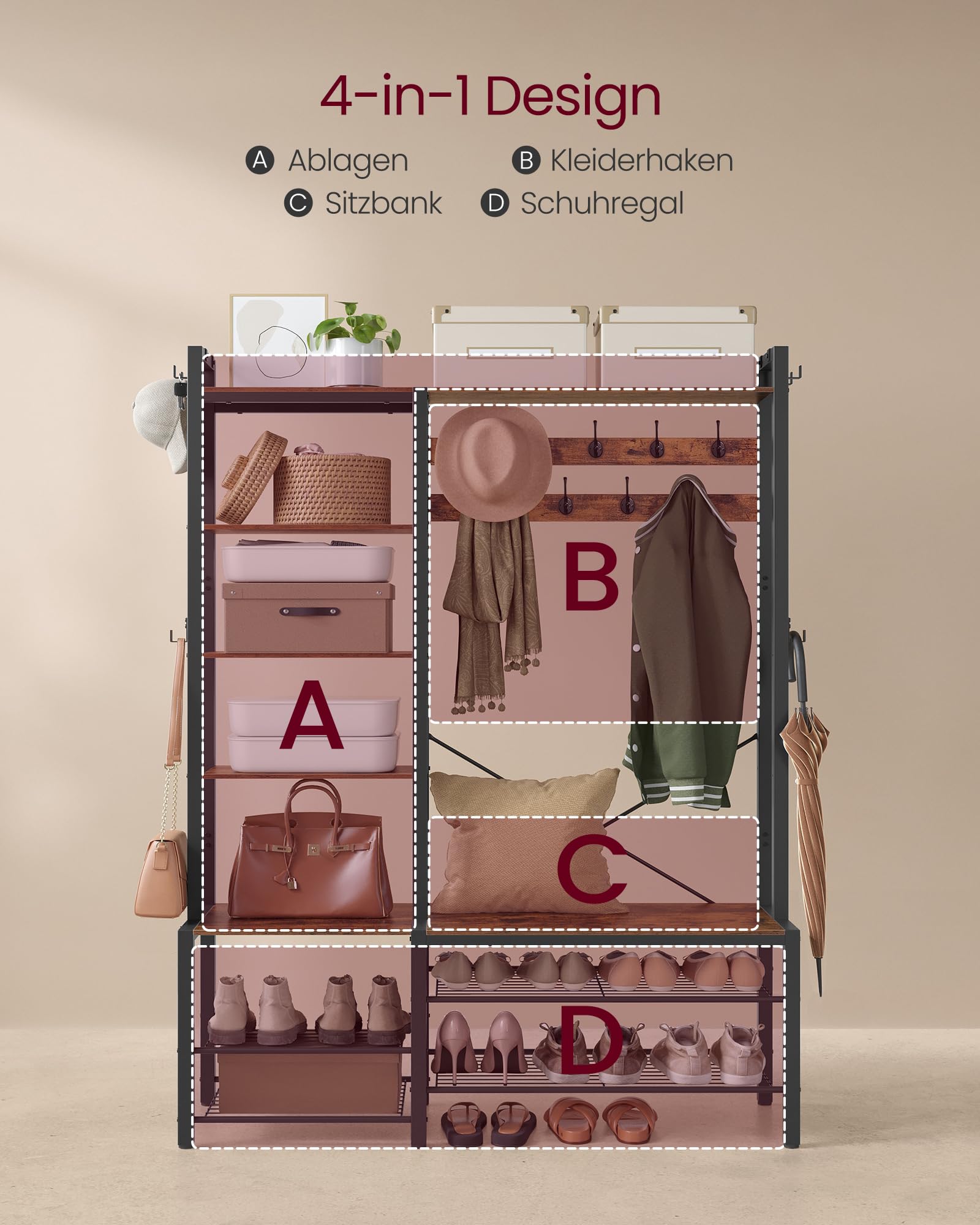VASAGLE Garderobenständer mit Schuhbank, Garderobe, 5 Regalebenen aus Spanplatten, 9 Dreifach-Haken, 6 seitliche Haken, 40 x 120 x 190 cm, vintagebraun-tintenschwarz HSR426B01
