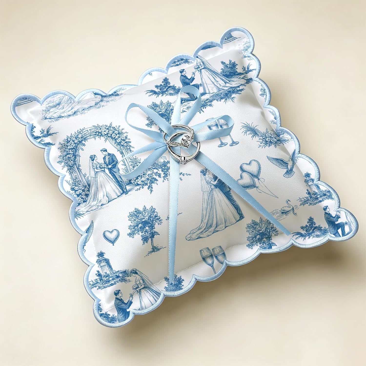 FYSUIMU Wedding Ring Pillow Blue Toile Scalloped Ring Cushion with Bow Something Blue Cotton Linen Bearer Cushion for Proposal Wedding Ceremony Bridal Shower Decor