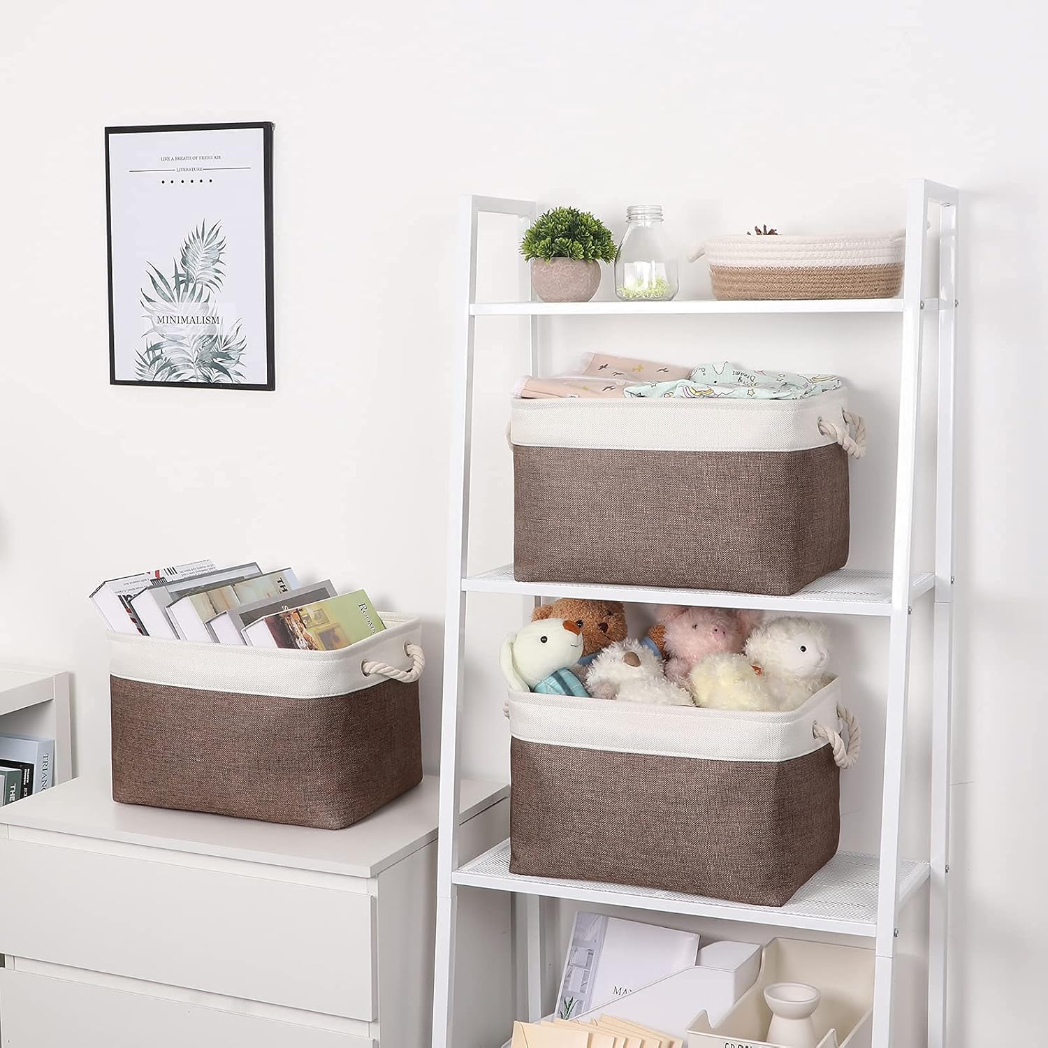 Bidtakay White & Earthy Brown Fabric Storage Bins - 3 Medium (15" X 11" X 9.5") + 6 Small (11.8" X 7.8" X 5") Multipurpose Baskets Set
