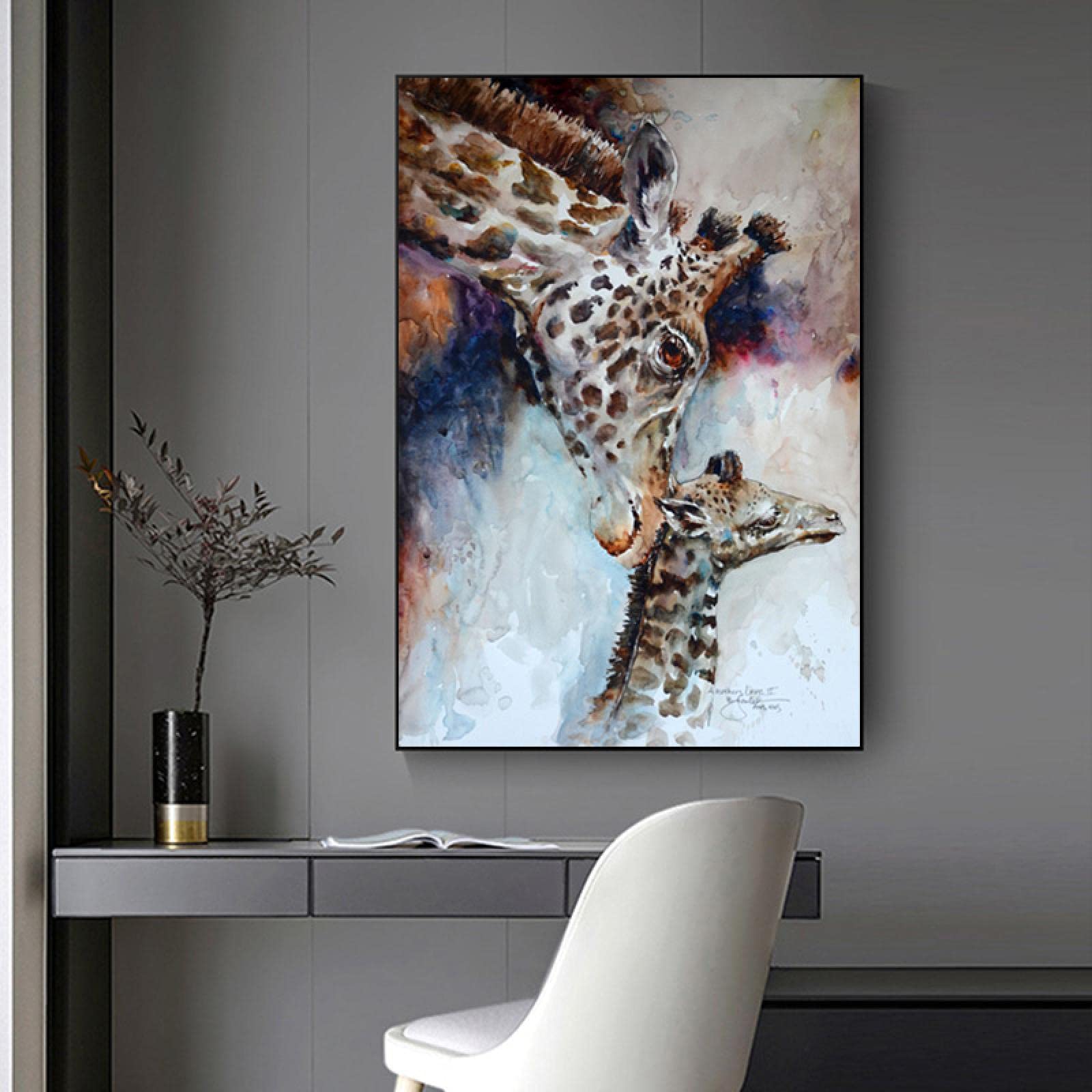 Amazon.co.jp: キャンバス絵画壁アート現代水彩動物キリン月と息子の