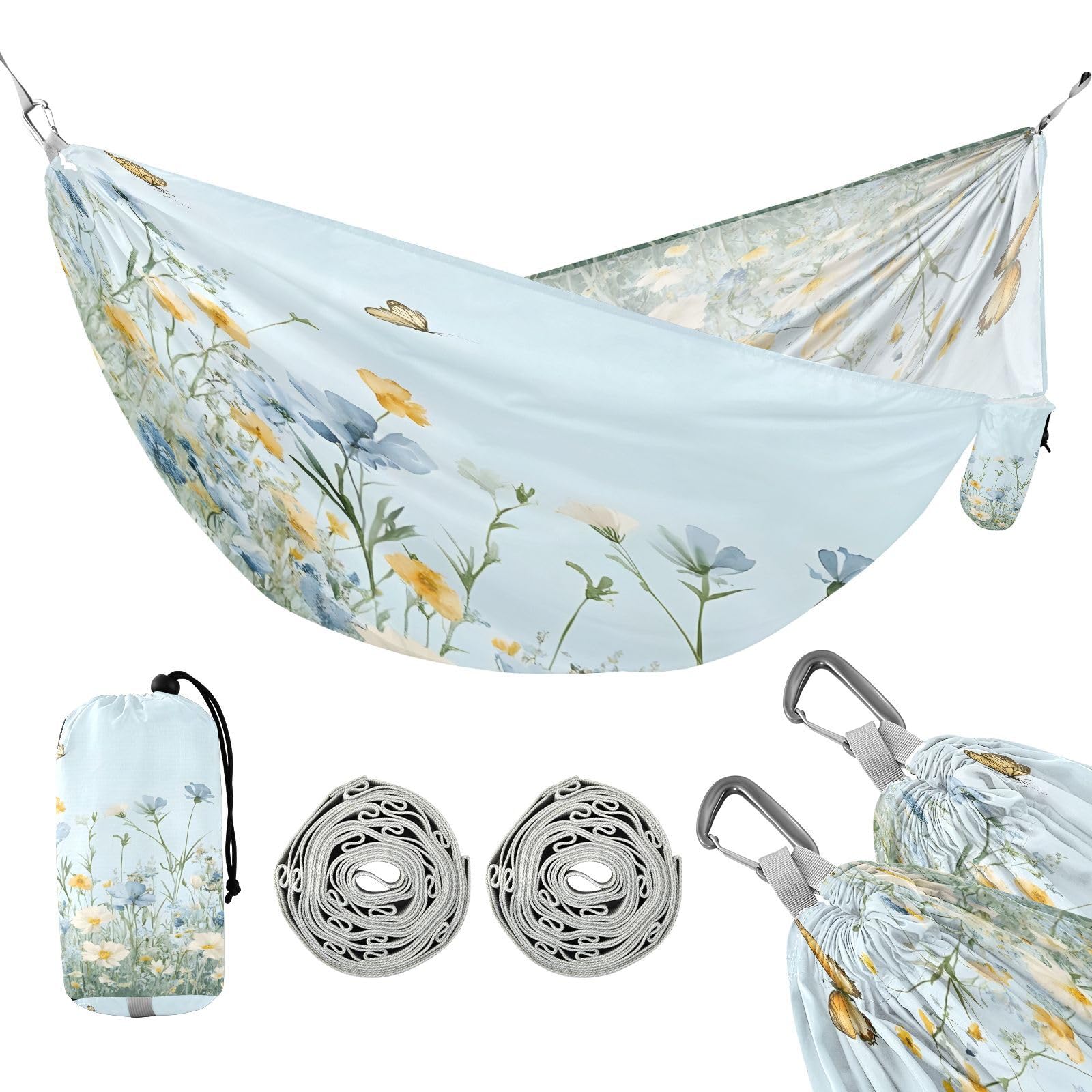 ATTX Wildflowers and Butterflies Camping Hammock - Lightweight & Portable Hammocks, Heavy Duty 330lbs Capacity for Indoor, Hiking, Backpacking, Travel, Backyard, Beach#104