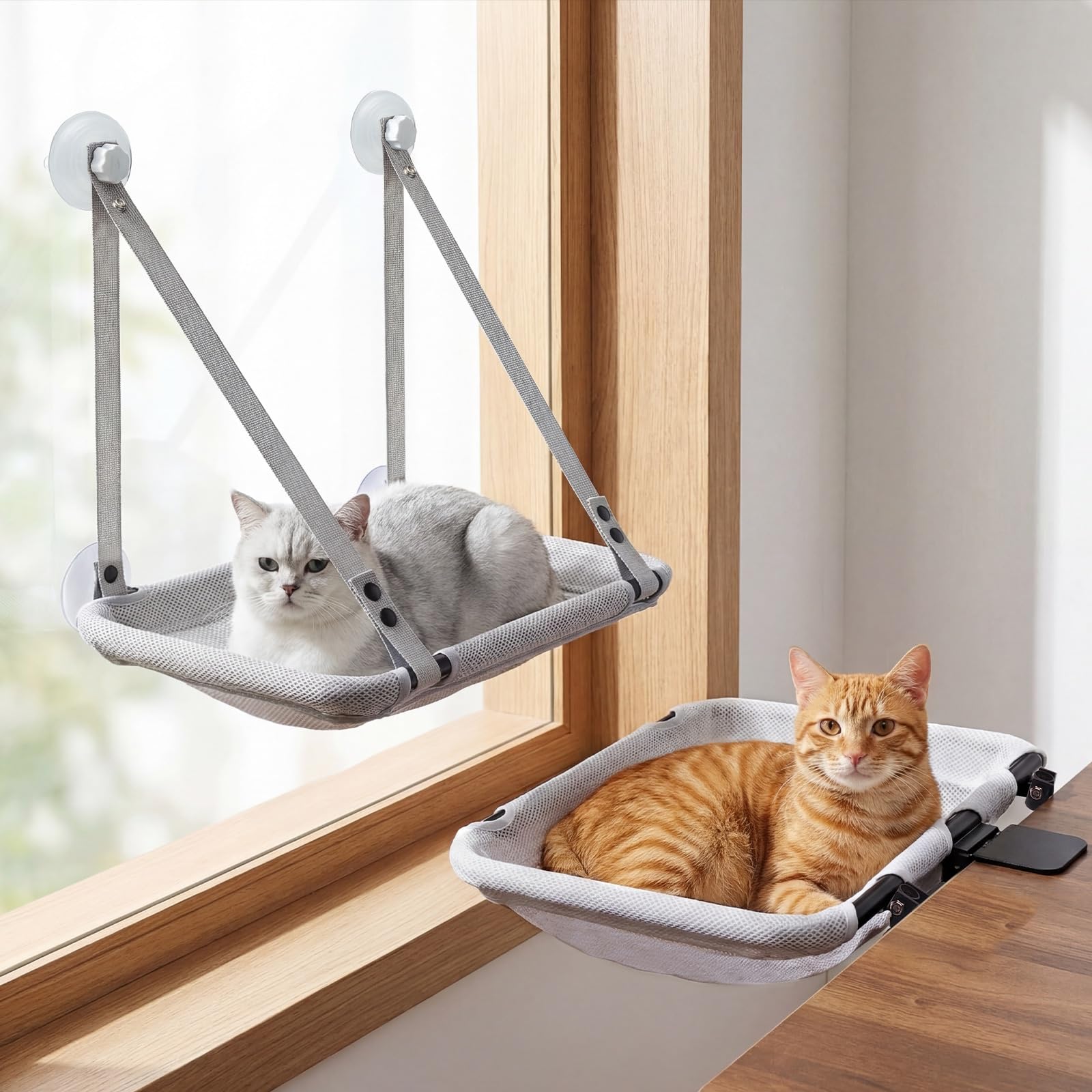 CATISM 2 en 1 Escritorio para Gatos & Plegable Hamaca GatoVentana de hasta 18kg, Lavable Cama para Gatos con Ventosa Fuerte para Oficina en casa