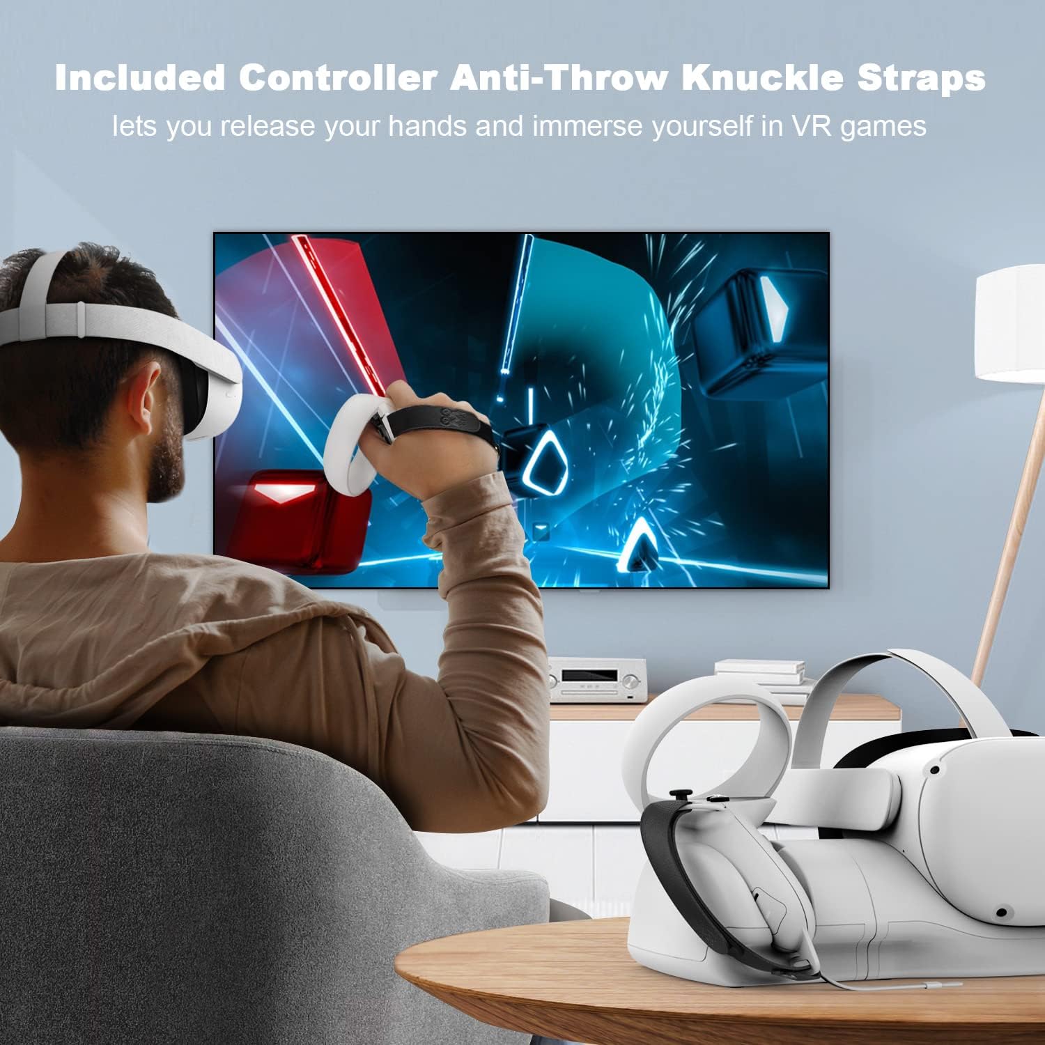 AMVR Upgraded Charging Dock for Meta/Oculus Quest 2, Headset Display Holder and Controller Mount Station, with Magnetic Charging, with Adjustable Wrist Strap Accessories, with 2 Rechargeable Batteries