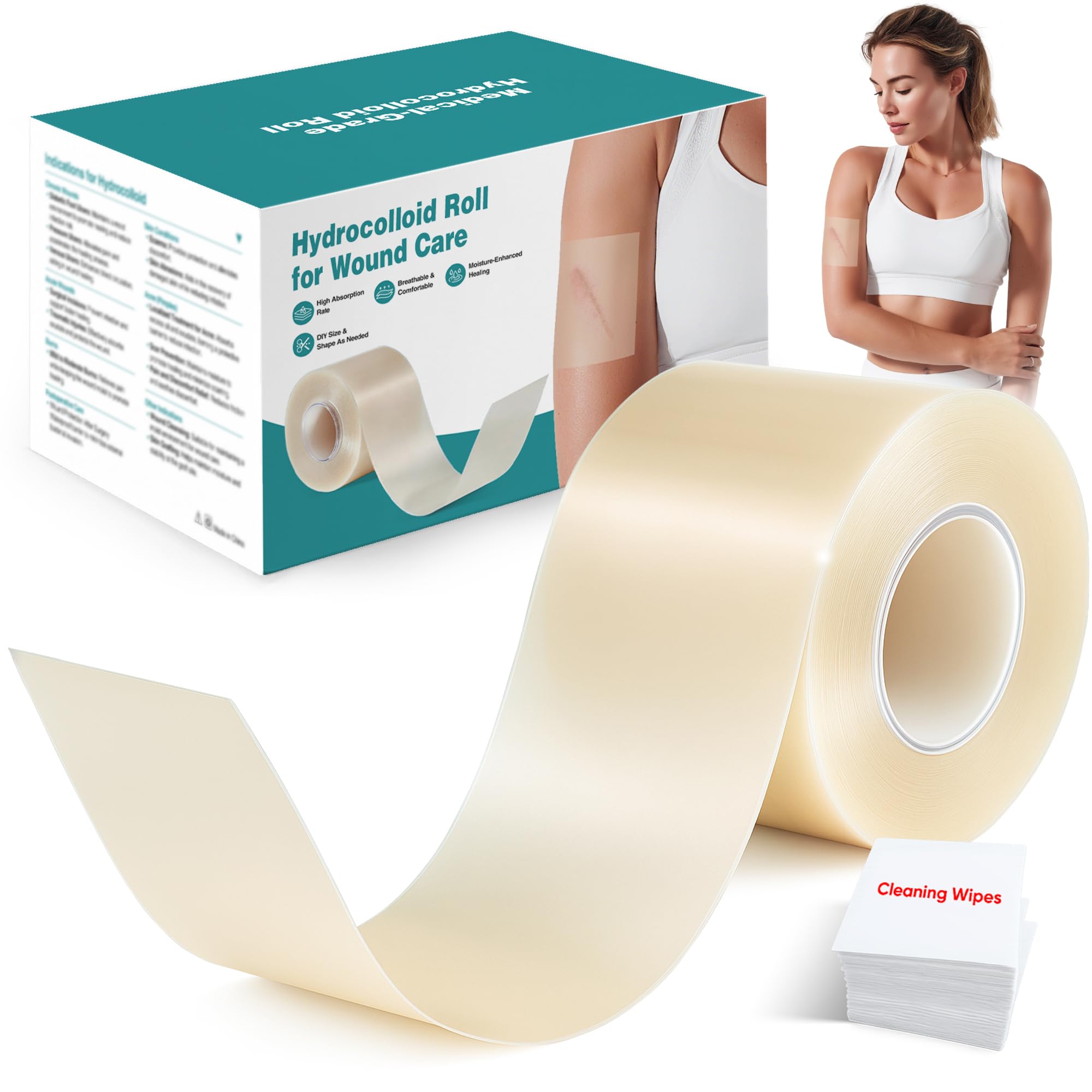 Rotolo idrocolloide per la cura delle ferite, taglio su misura, ultra assorbente, flessibile e impermeabile, kit di primo soccorso essenziale (5,1 x 4,9 m)