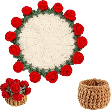 Cute Coasters for Home Decor, Mini Bouquet Woven Drink Coasters, Desktop Potted Flowers with Basket for House Warming Gifts, Handmade Crochet Plant Coasters - Decorative Creative Gift Red A