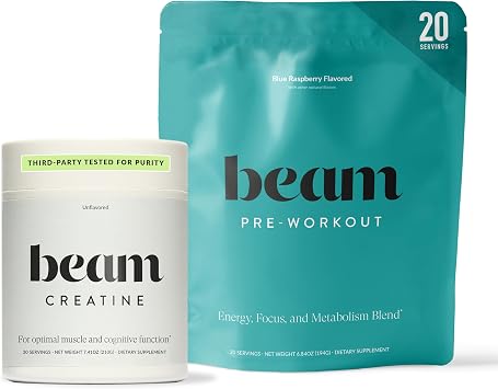 مجموعة Beam Creatine Monohydrate + Pre Workout لدعم القوة والتحمل واستعادة العضلات والطاقة النظيفة والترطيب، تم اختبارها من قبل جهة خارجية لأداء التدريب الأقصى