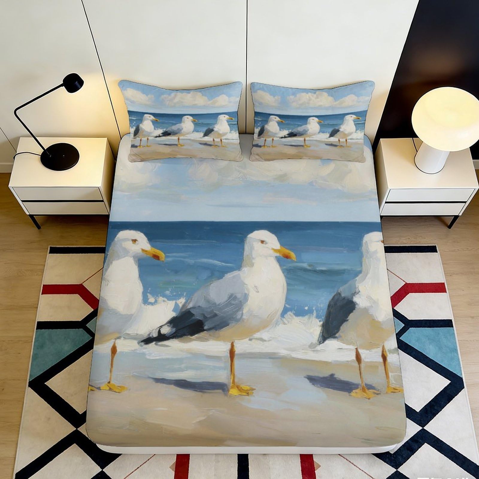3D Printed Seaside Seagull Fitted Sheet Microfiber Artistic Ocean Bed Cover for Bedroom Guest Room Decor 90x200x25cm