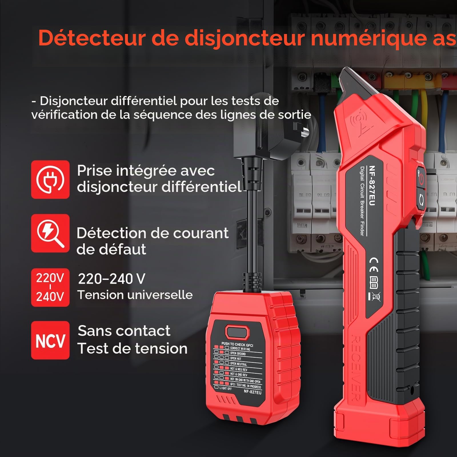 NOYAFA NF-827EU Testeur de prise, localisateur de fusible avec test RCD, localisateur de circuit électrique avec détecteur de tension sans contact, 6 fonctions de diagnostic d’erreur pour testeur de