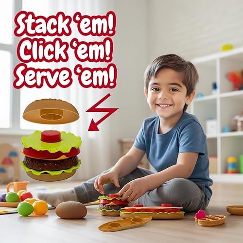 Miniatura 4 de Kiddie Play Juegos de comida para la cocina de los niños, juego de comida rápida y condimentos con hamburguesa, perrito caliente, papas fritas,