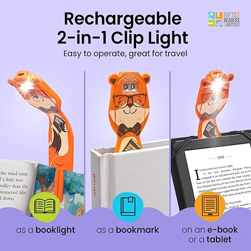 Miniatura 6 de Regalos para lectores y escritores Luz de lectura con clip Marcador Fox 2 en 1 Luz para niños para leer en la cama, luces lindas recargables