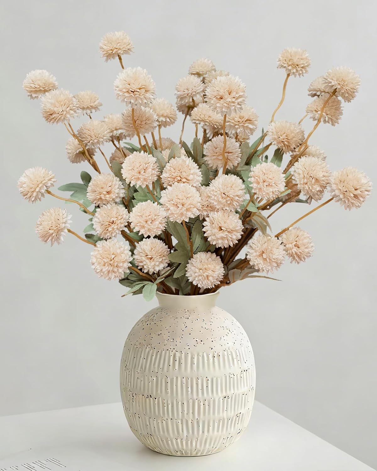 Artificial Beige Pompon Mum Flowers with Stems for Vase, 8Pcs Fake Kiku Silk Mini Chrysanthemum Ball Faux Mum Home Decor, Spring Fall Centerpieces Arrangements, Filler DIY Bouquet