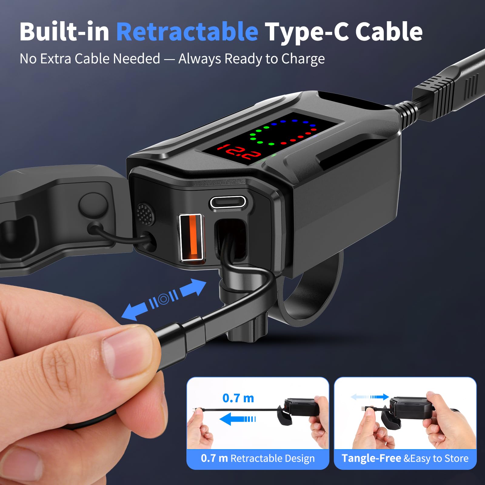 Prise USB Moto Etanche avec Un câble de Charge Rapide rétractable de Type C de 70 CM de Long, 3 en 1 Prise USB C pour Moto avec Interrupteur et voltmètre LED pour SUV Marin Bateaux (Black)