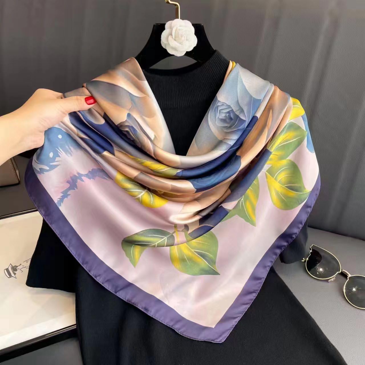 K-Elewon Large Square Scarf 43" Silk Scarf Fashion Scarves Silk Feeling Hair Wrapping Scarfs Night Sleeping Headscarf - Image 3