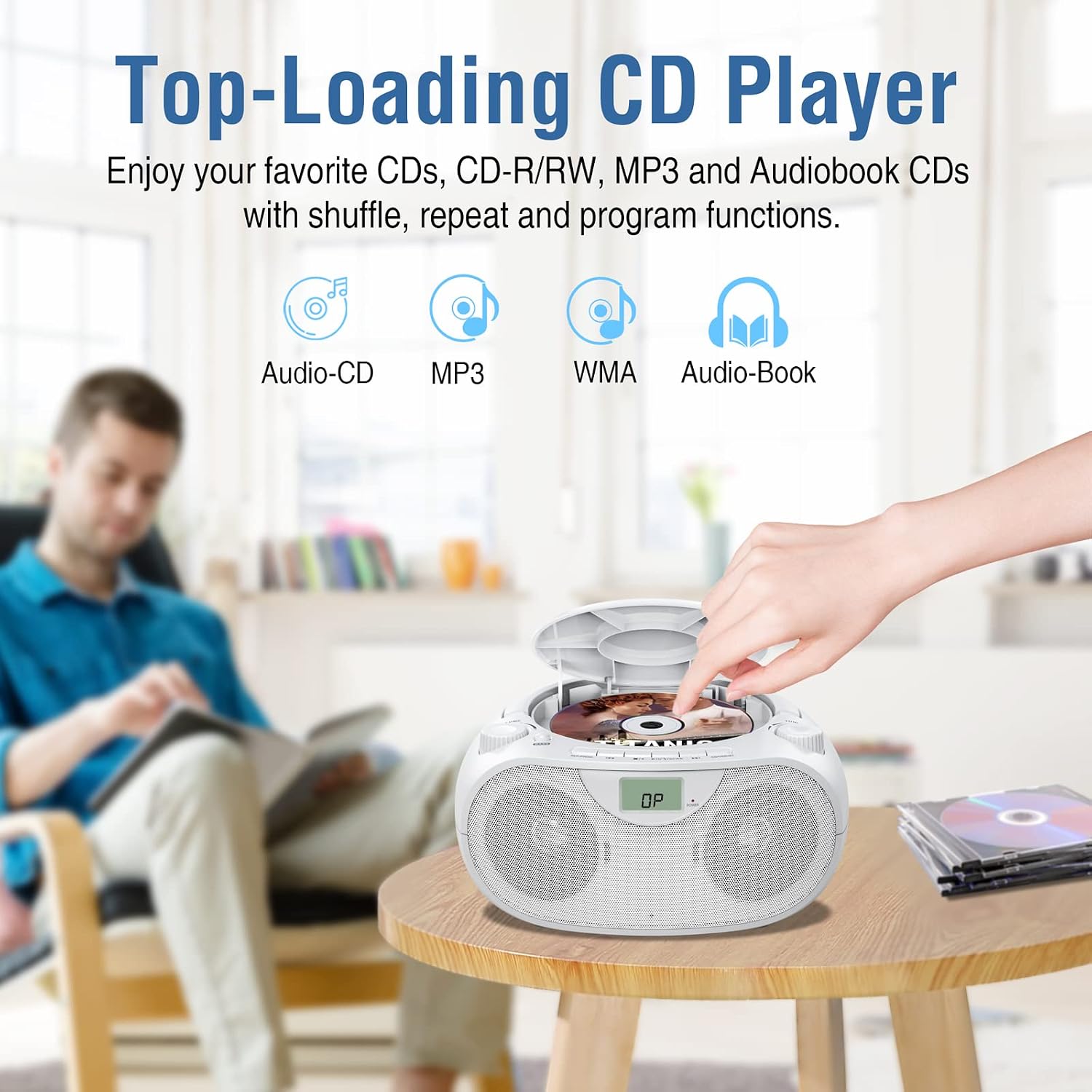 Nextron Portable Bluetooth CD Player Boombox with AM/FM Radio, USB, AUX and Headphone Jack, CD-R/RW and MP3 CDs Compatible, Stereo System for Home with Dual Speakers, AC/Battery Operated - White