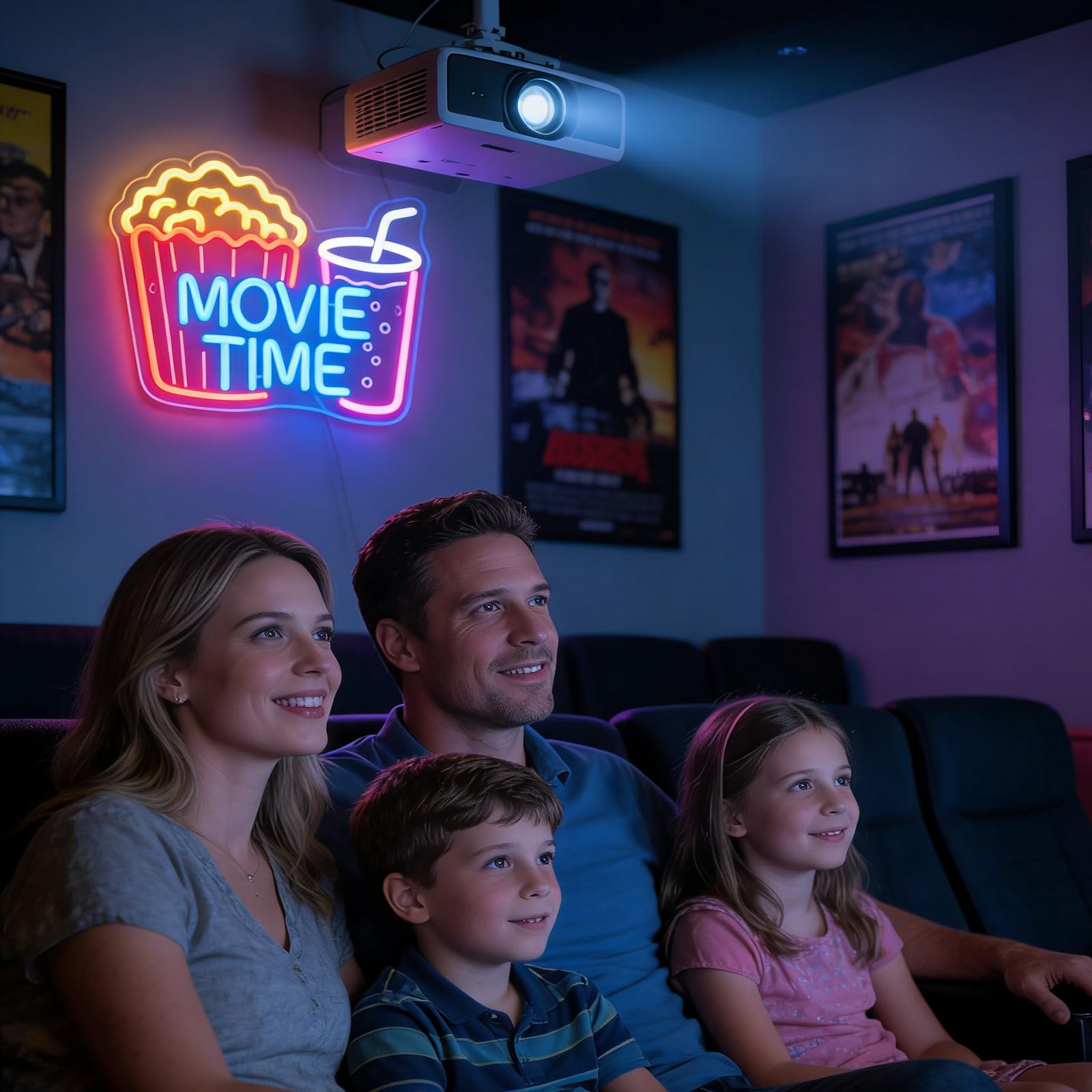 Movie Time - Insegna al neon con popcorn e bevande, luce LED dimmerabile per Home Theater e cinema, decorazione per la camera da letto, regalo per gli amanti del cinema (38 x 30 cm)