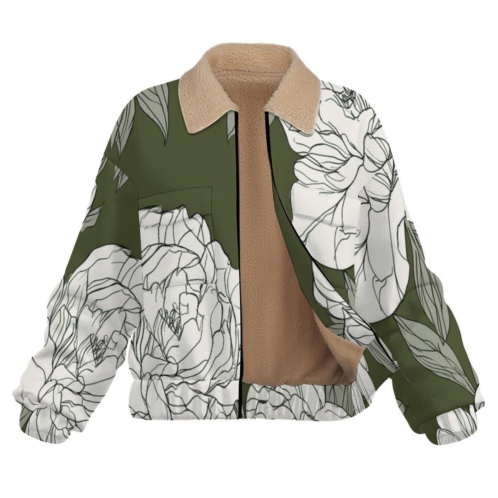Giacca in Pile da Donna Teddy Fodera Peluche Sherpa con Cerniera, Stampa Rose Peonie, Giacca Linee d'arte Caldo Fleece Maniche Lunghe, Giacche Inverno con Tascabile