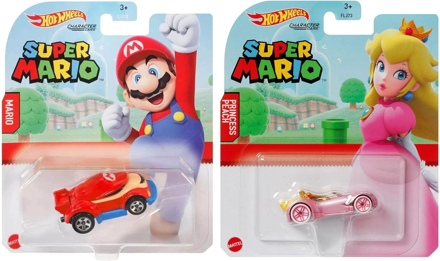 Hot Wheels Super Mario Character Cars – 2-Pack Bundle of Mario & Princess Peach Die‑Cast 1:64 Scale, Ages 3+